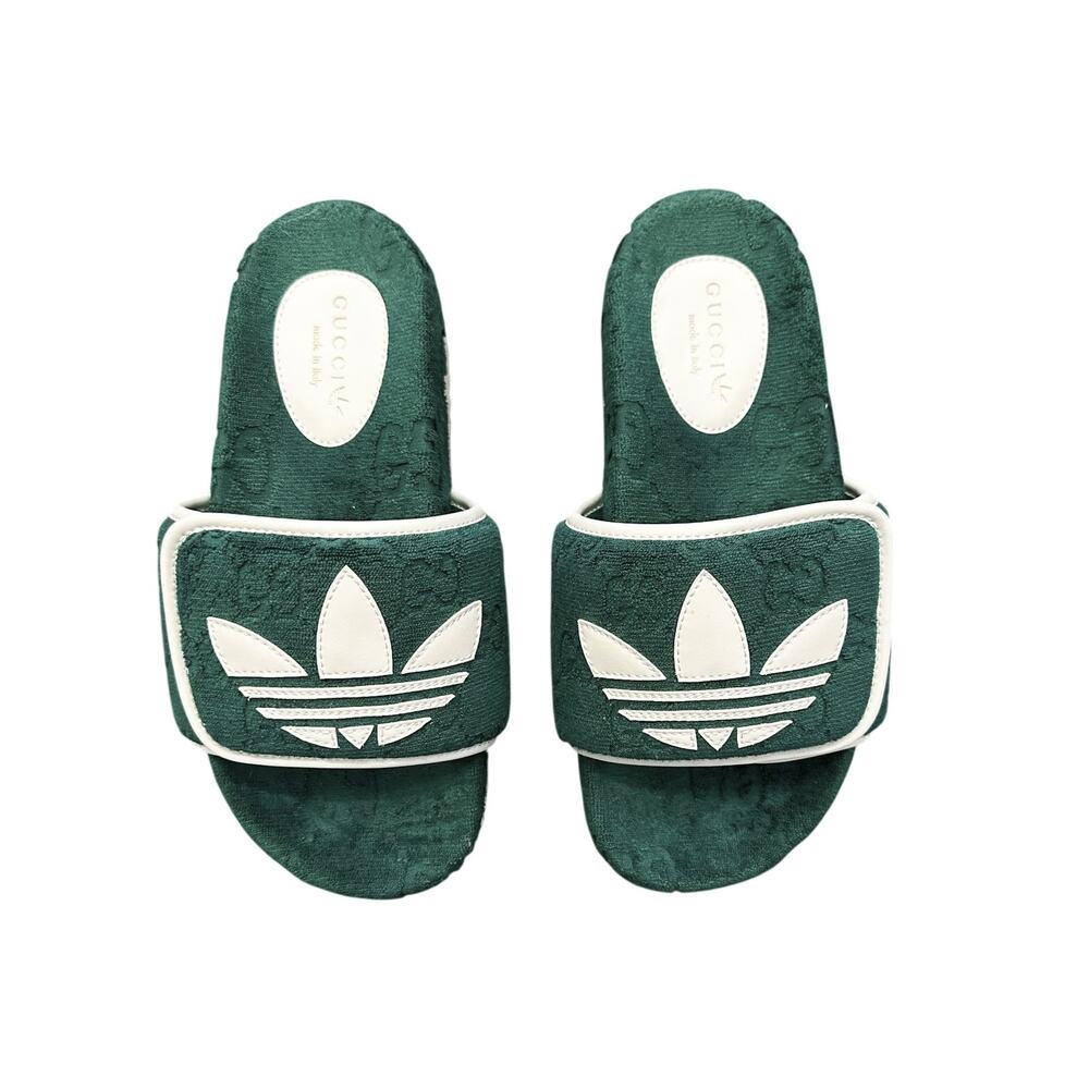 GUCCI x Adidas GG Supreme Terry Green Logo Platform Slides Sandals Italy 38 NEW
